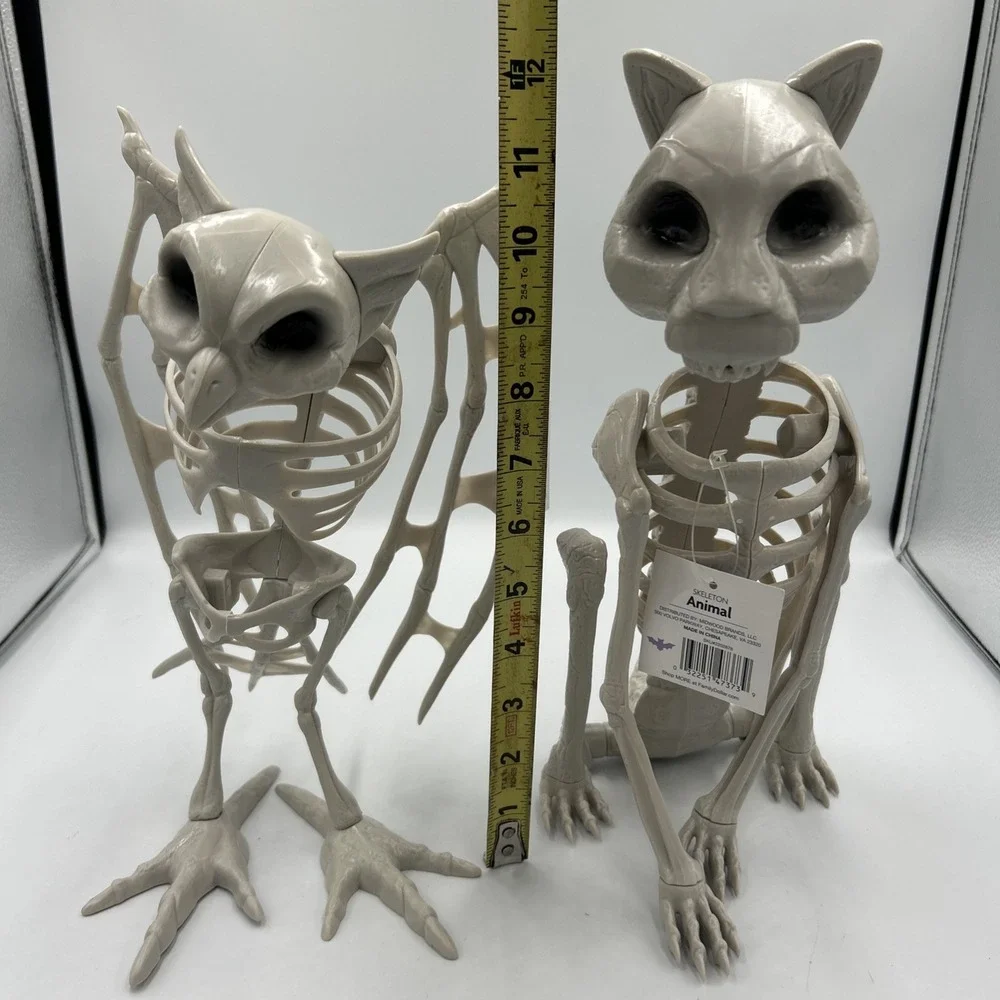 Set Of 4 Spooky Gothic Halloween Cat Owl Skeleton Decoration Creepy Plastic NWT